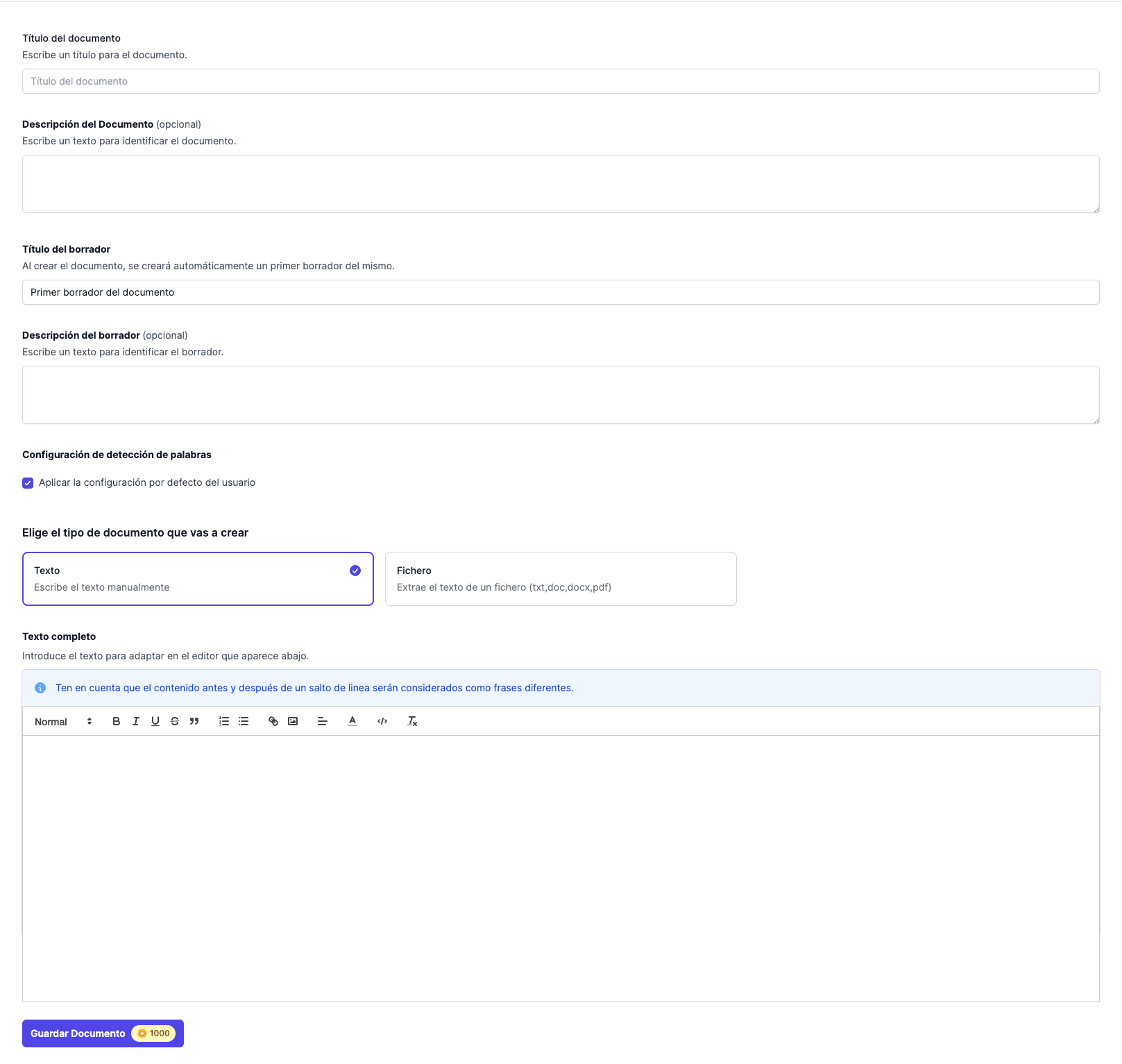 Formulario de creación de un documento